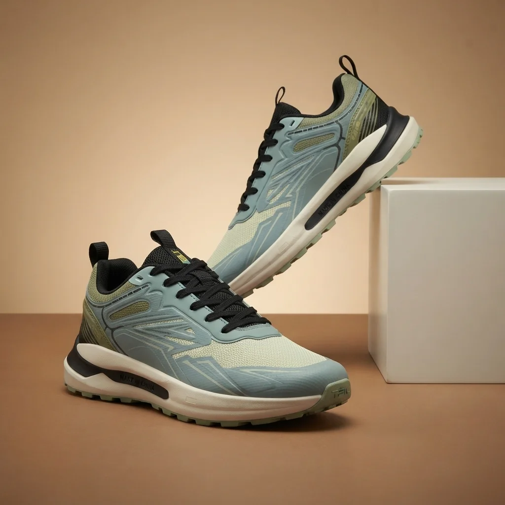 TiaBaolun Men's Trail Running Shoes – Sage Blue & Olive Green Sneakers with Bold Panel Design