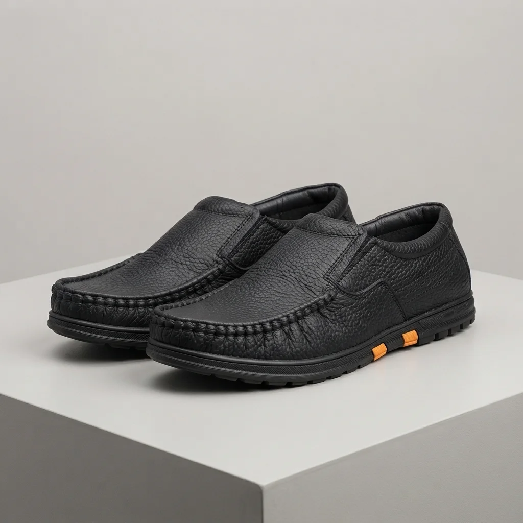 Men's Black / Brown Leather Slip-On Moccasin Casual Shoes image 1