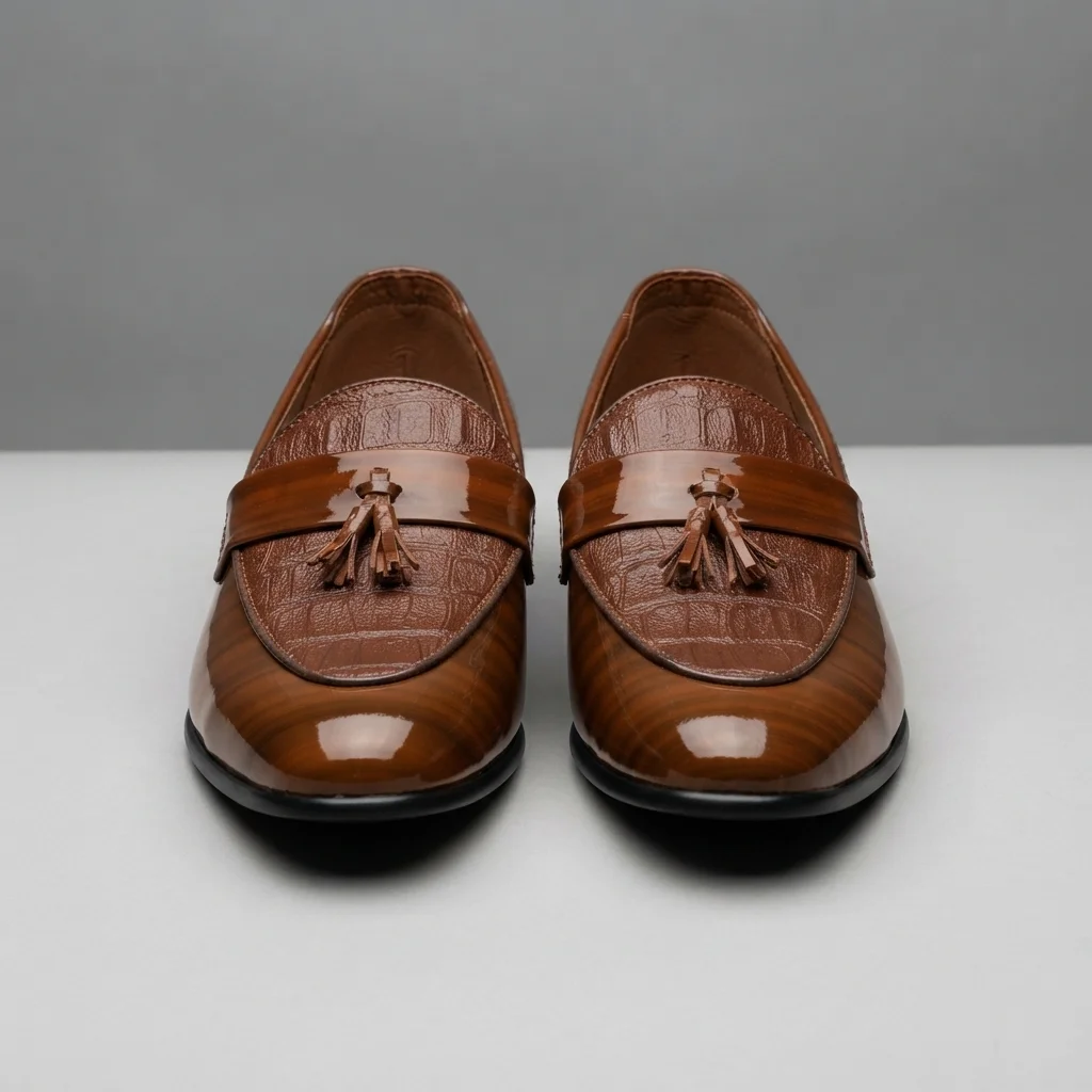 Men's Patent Leather Tassel Loafers, Black / Tan Brown Slip-On Formal Shoes with Textured Vamp image 1