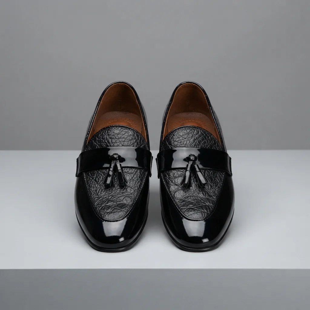 Men's Patent Leather Tassel Loafers, Black / Tan Brown Slip-On Formal Shoes with Textured Vamp image 2