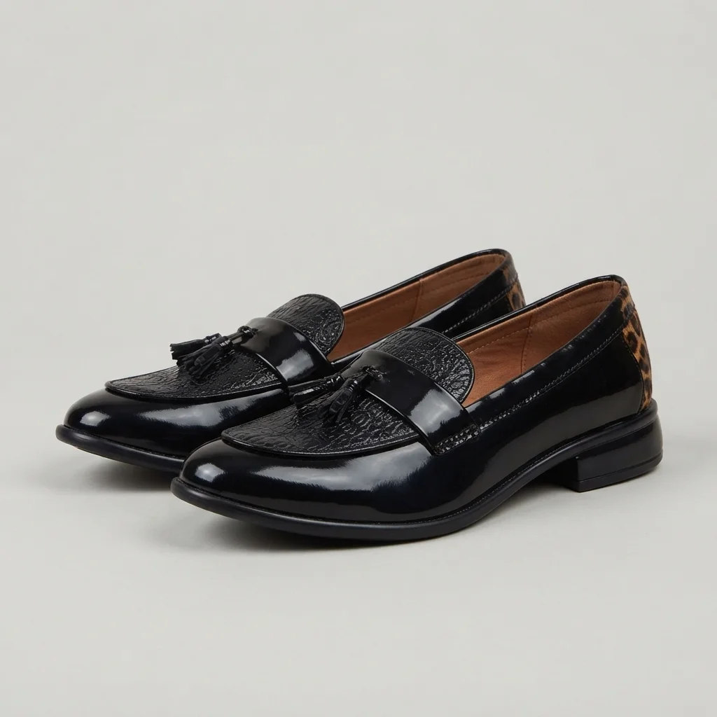 Men's Patent Leather Tassel Loafers, Black / Tan Brown Slip-On Formal Shoes with Textured Vamp image 3