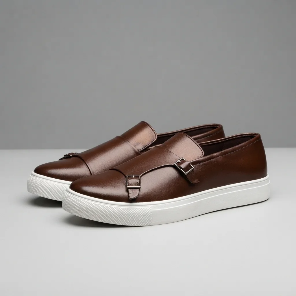 Men's Brown Leather Double Monk Strap Sneakers, Slip-On Casual Shoes image 1