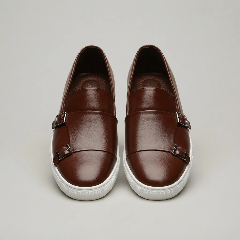 Men's Brown Leather Double Monk Strap Sneakers, Slip-On Casual Shoes image 2