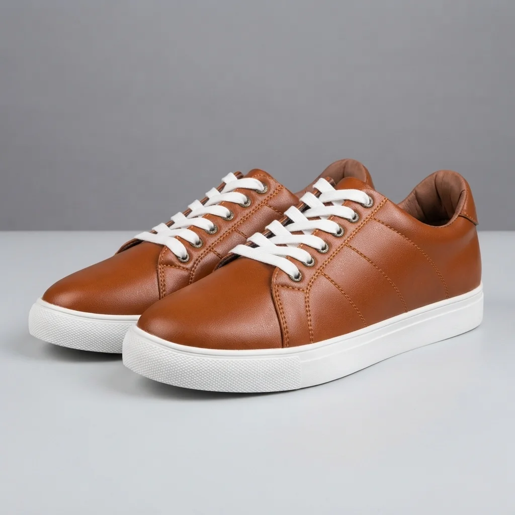 Men's Tan Brown Leather Sneakers, Low-Top Lace-Up Casual Shoes