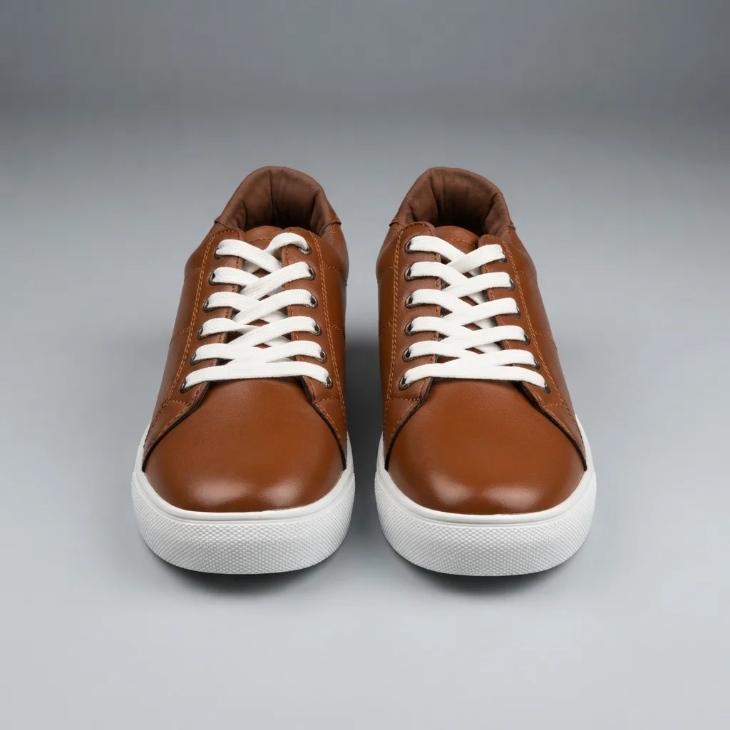 Men's Tan Brown Leather Sneakers, Low-Top Lace-Up Casual Shoes image 2