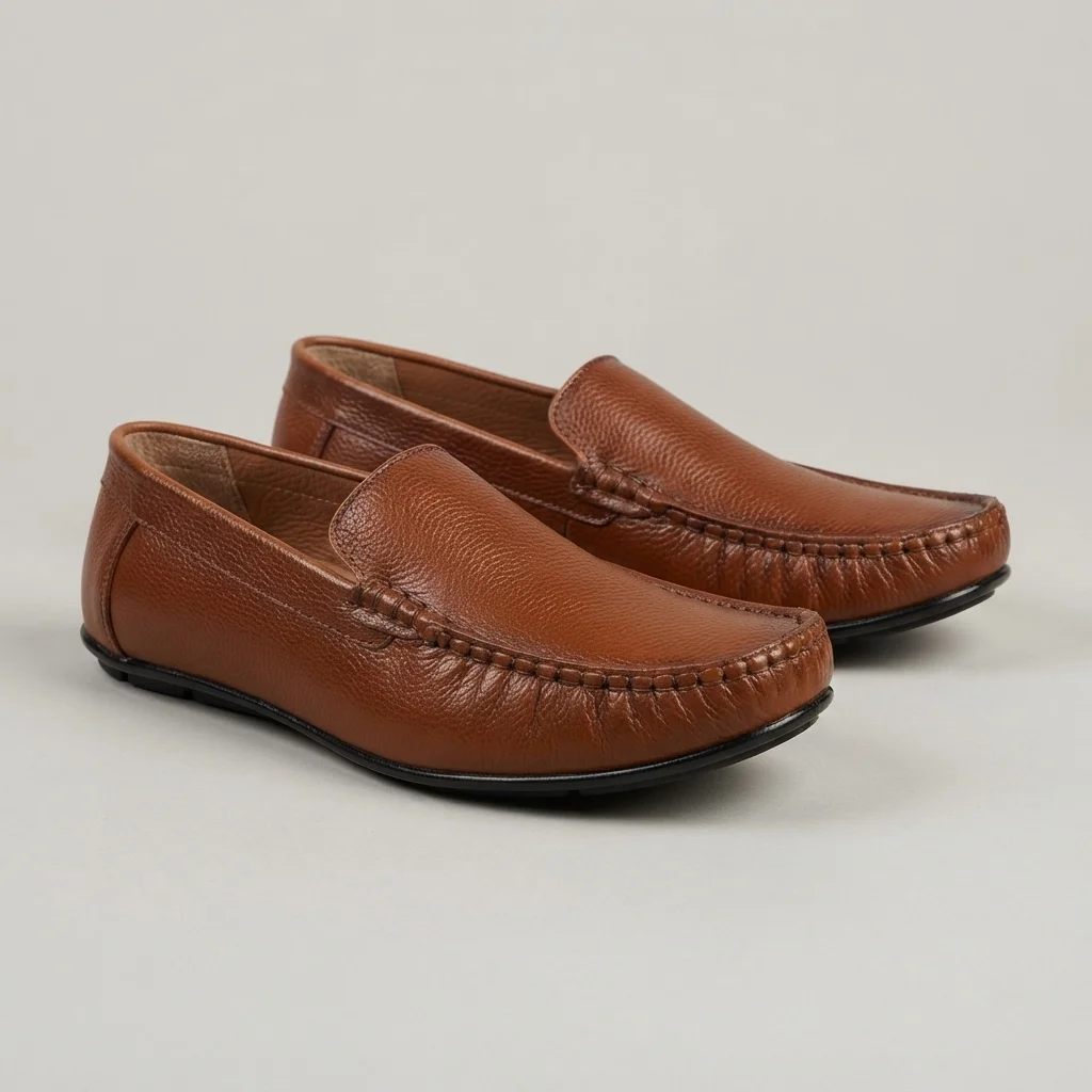 Men's Leather Driving Loafers, Tan / Gunmetal Slip-On Shoes