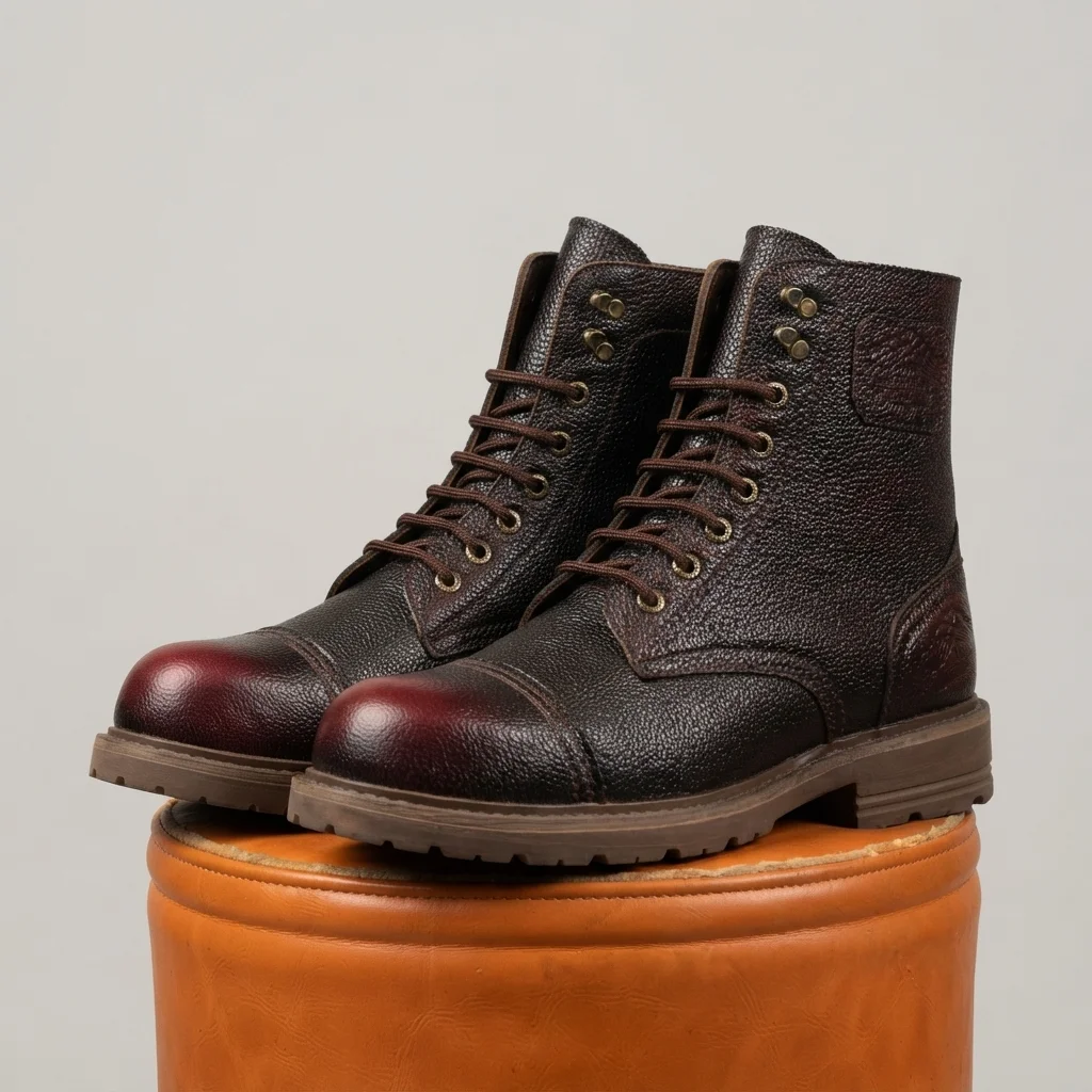 Men's Dark Brown Leather Cap-Toe Boots, 8-Eye Lace-Up Ankle Boots image 1