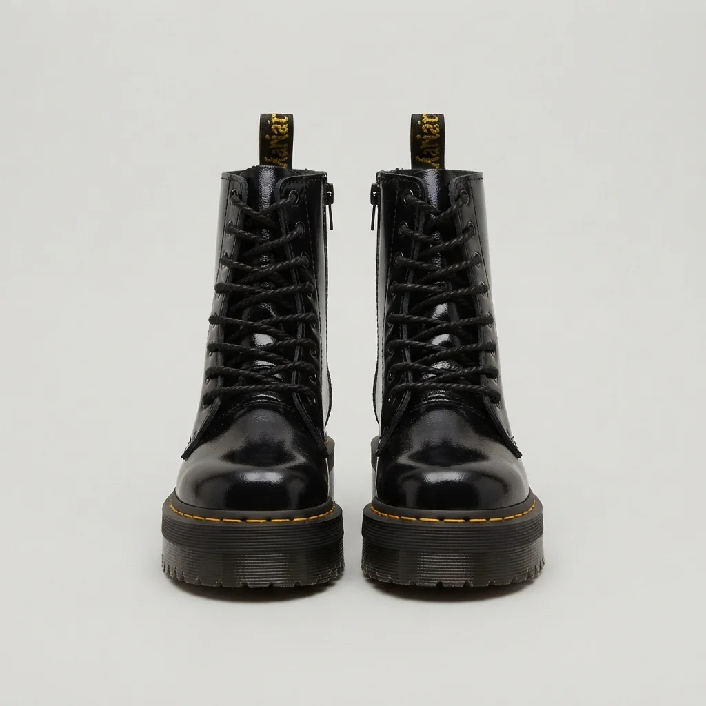 Black Glossy Leather Platform Combat Boots, 8-Eye Lace-Up Chunky Sole Ankle Boots image 1