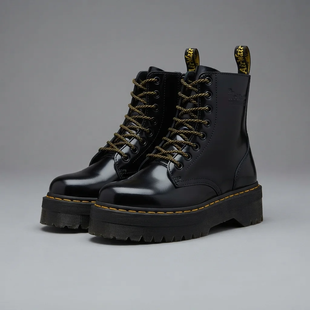 Black Glossy Leather Platform Combat Boots, 8-Eye Lace-Up Chunky Sole Ankle Boots image 2