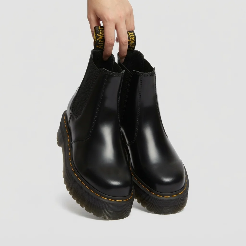 Black Glossy Platform Chelsea Boots, Chunky Sole, Slip-On image 1