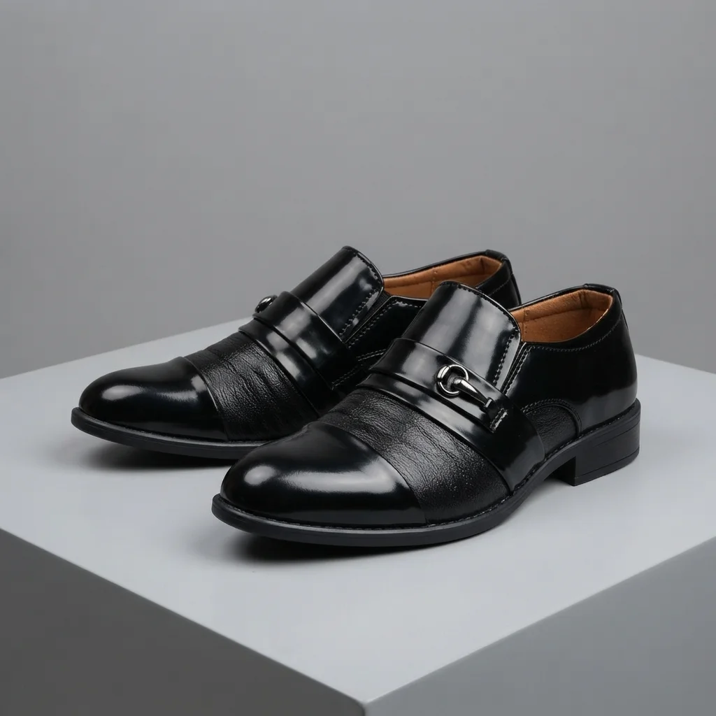 Boy's Formal Slip-On Loafers, Black / Brown Leather-Look Dress Shoes image 2