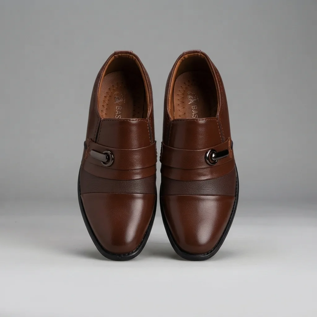 Boy's Formal Slip-On Loafers, Black / Brown Leather-Look Dress Shoes image 3