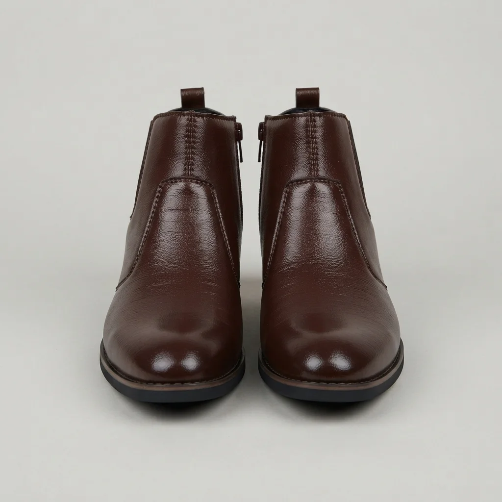 Men's Dark Brown Leather Ankle Boots, Glossy Slip-On Chelsea Style Boots image 1