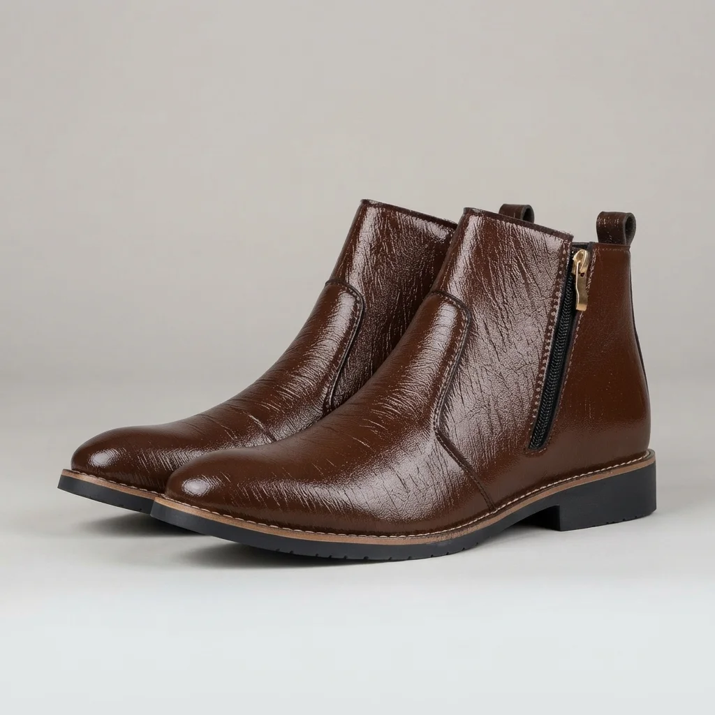 Men's Dark Brown Leather Ankle Boots, Glossy Slip-On Chelsea Style Boots image 2