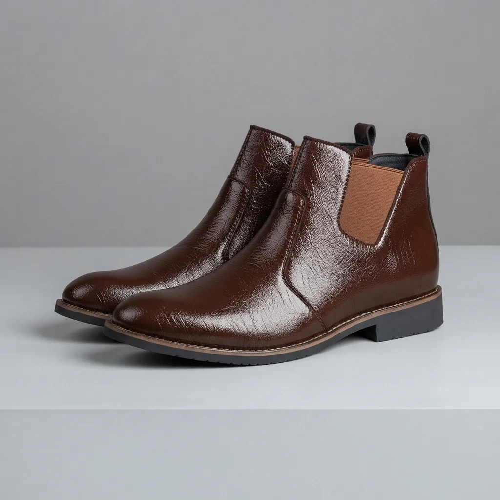 Men's Dark Brown Leather Ankle Boots, Glossy Slip-On Chelsea Style Boots image 3