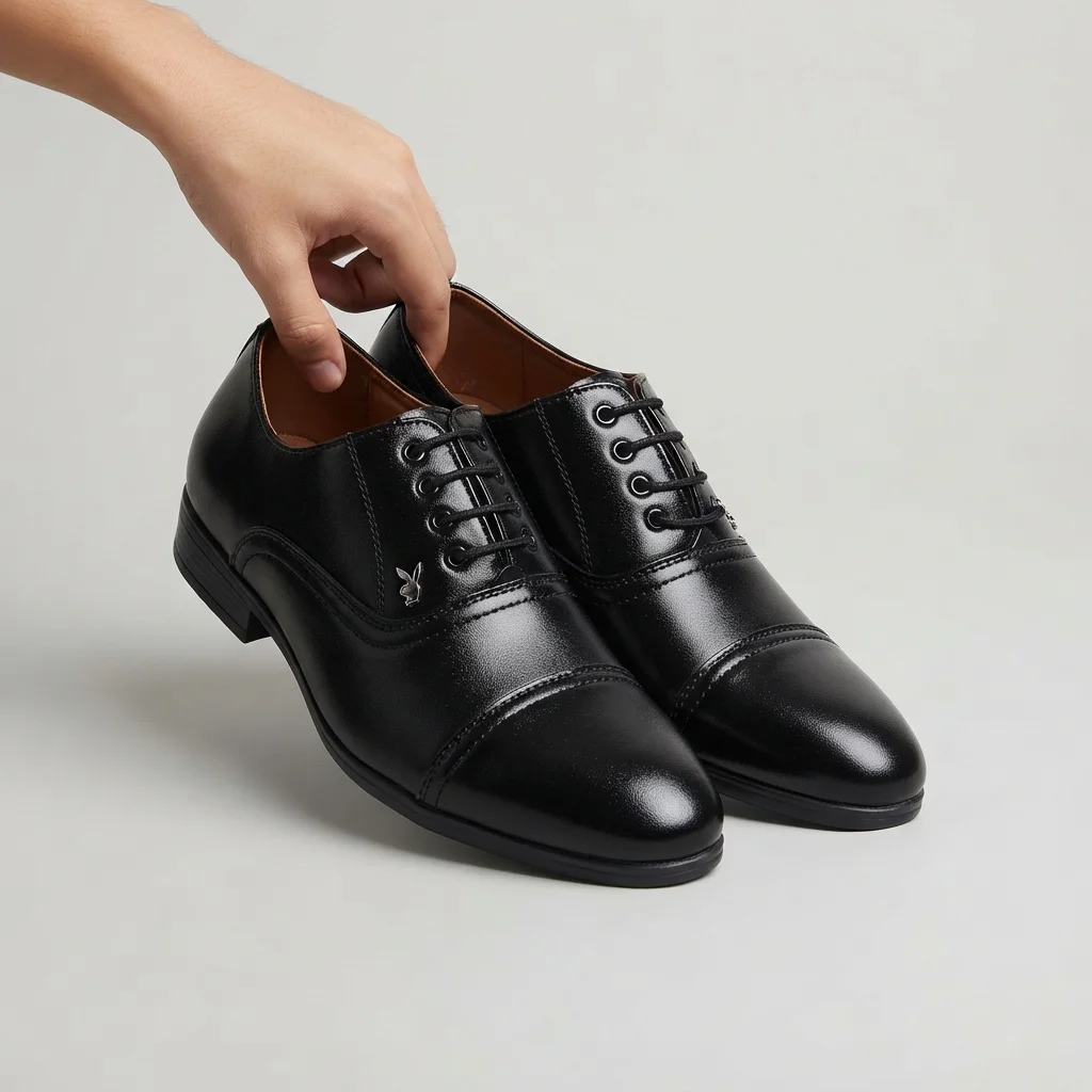 Black Cap-Toe Oxford Shoes, Formal Lace-Up Leather-Look Dress Shoes for school image 2