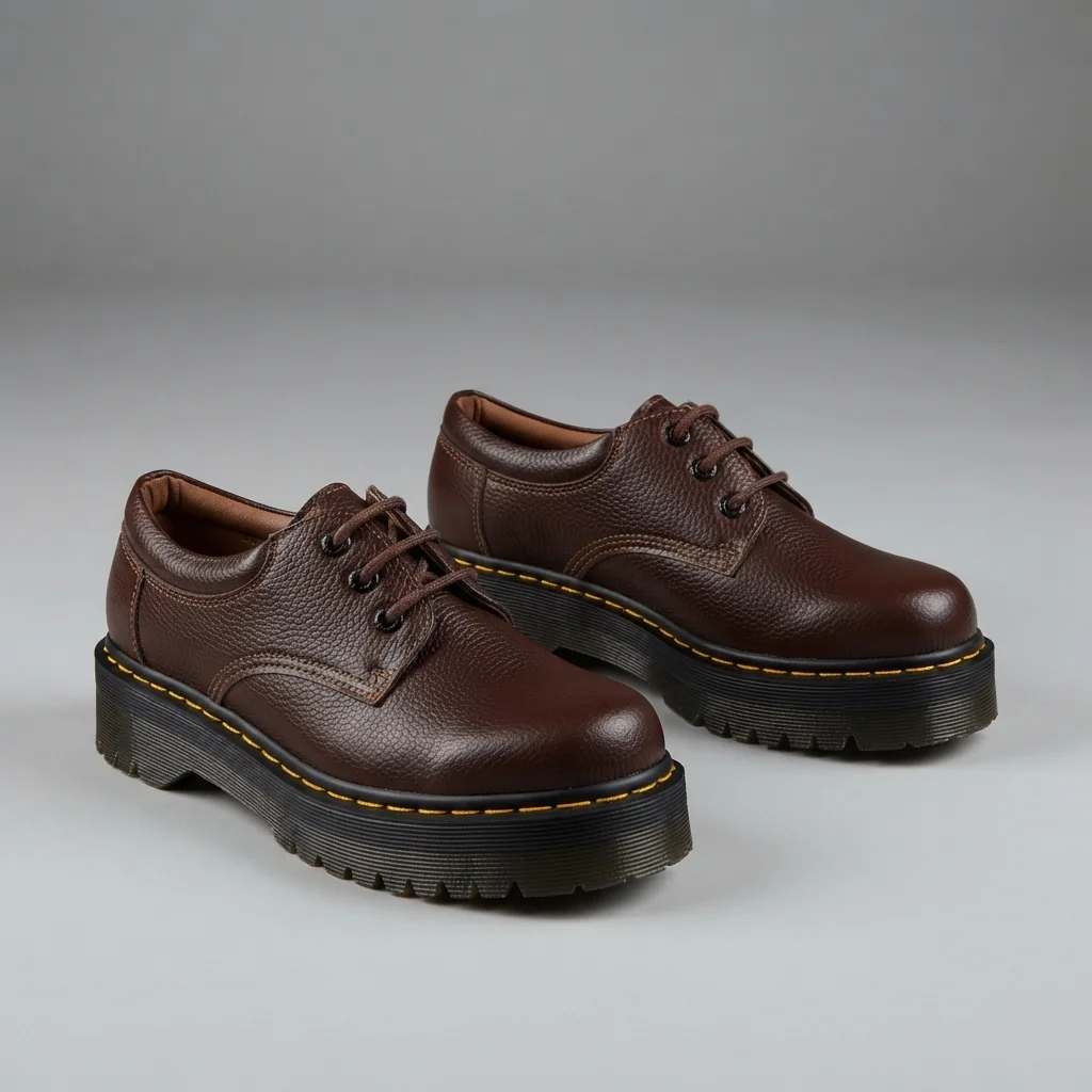 Black/brown Pebbled Leather 3-Eye Lace-Up Shoes, Chunky Sole Casual Derby Shoes image 3