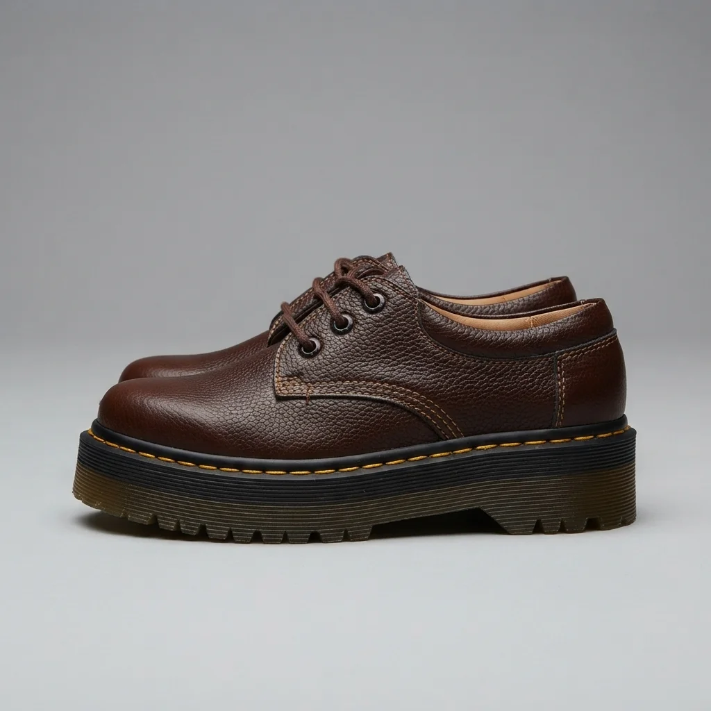 Black/brown Pebbled Leather 3-Eye Lace-Up Shoes, Chunky Sole Casual Derby Shoes image 4