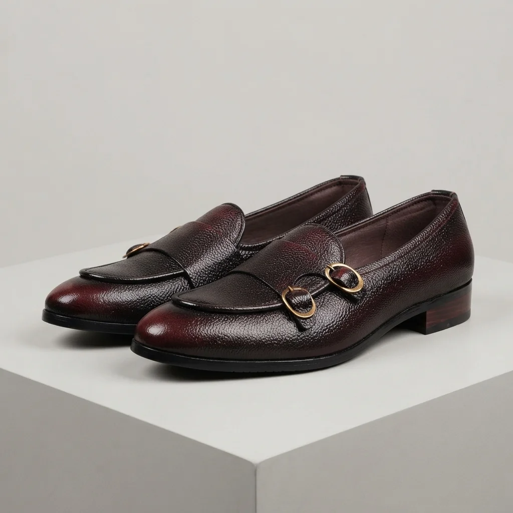 Men's Burgundy Double Monk Strap Loafers, Gold Buckles image 1