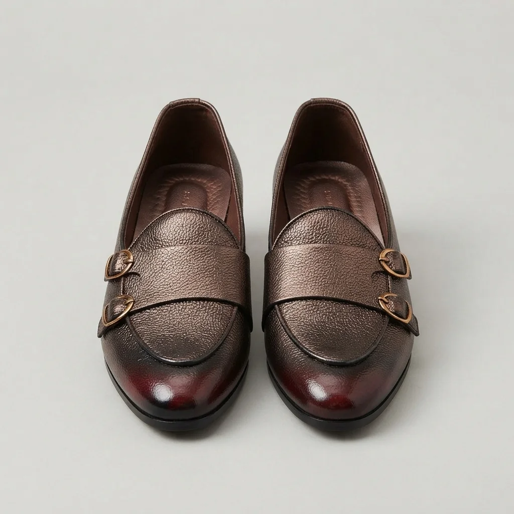 Men's Burgundy Double Monk Strap Loafers, Gold Buckles image 2