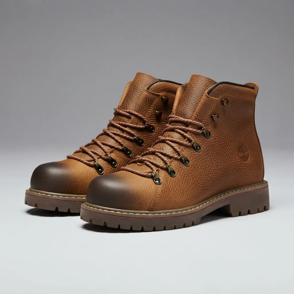 Men's Tan Leather Lace-Up Hiking Boots, Dark Toe, Lug Sole image 1