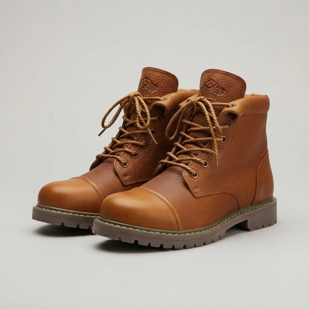 Men's Tan Leather Cap-Toe Lace-Up Boots, Lug Sole image 1