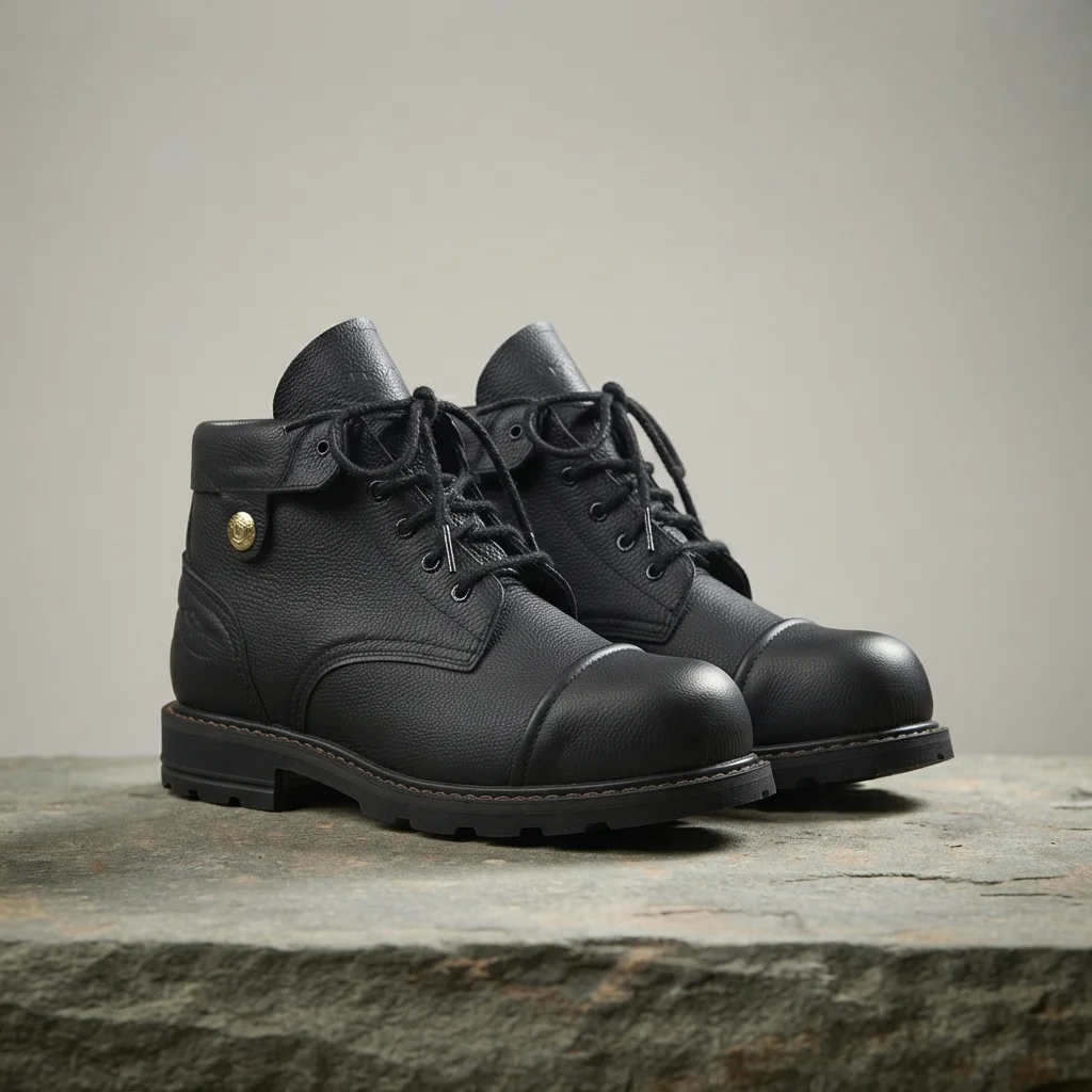 Men's Black Leather Cap-Toe Work Boots, Lace-Up Ankle Boots,Fold-Over Collar image 1