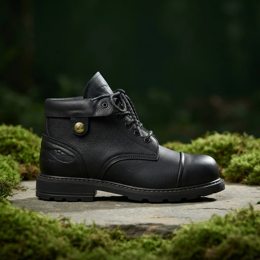Men's Black Leather Cap-Toe Work Boots, Lace-Up Ankle Boots,Fold-Over Collar image 2