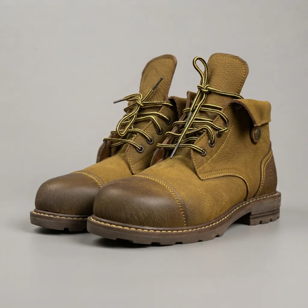 Men's Mustard Tan Nubuck-Look Work Boots, Cap-Toe Lace-Up Ankle Boots with Fold-Over Collar image 1