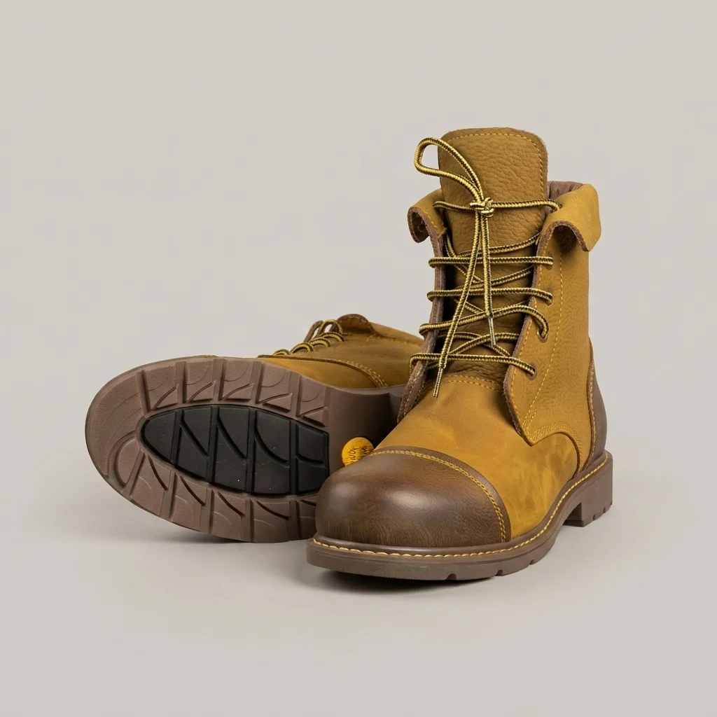 Men's Mustard Tan Nubuck-Look Work Boots, Cap-Toe Lace-Up Ankle Boots with Fold-Over Collar image 2