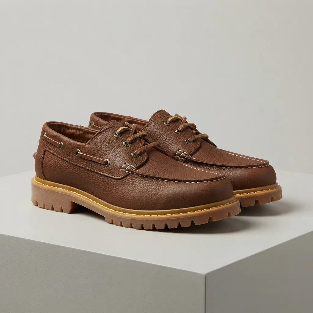 Men's Brown Leather Boat Shoes, Lace-Up, Chunky Lug Sole image 1