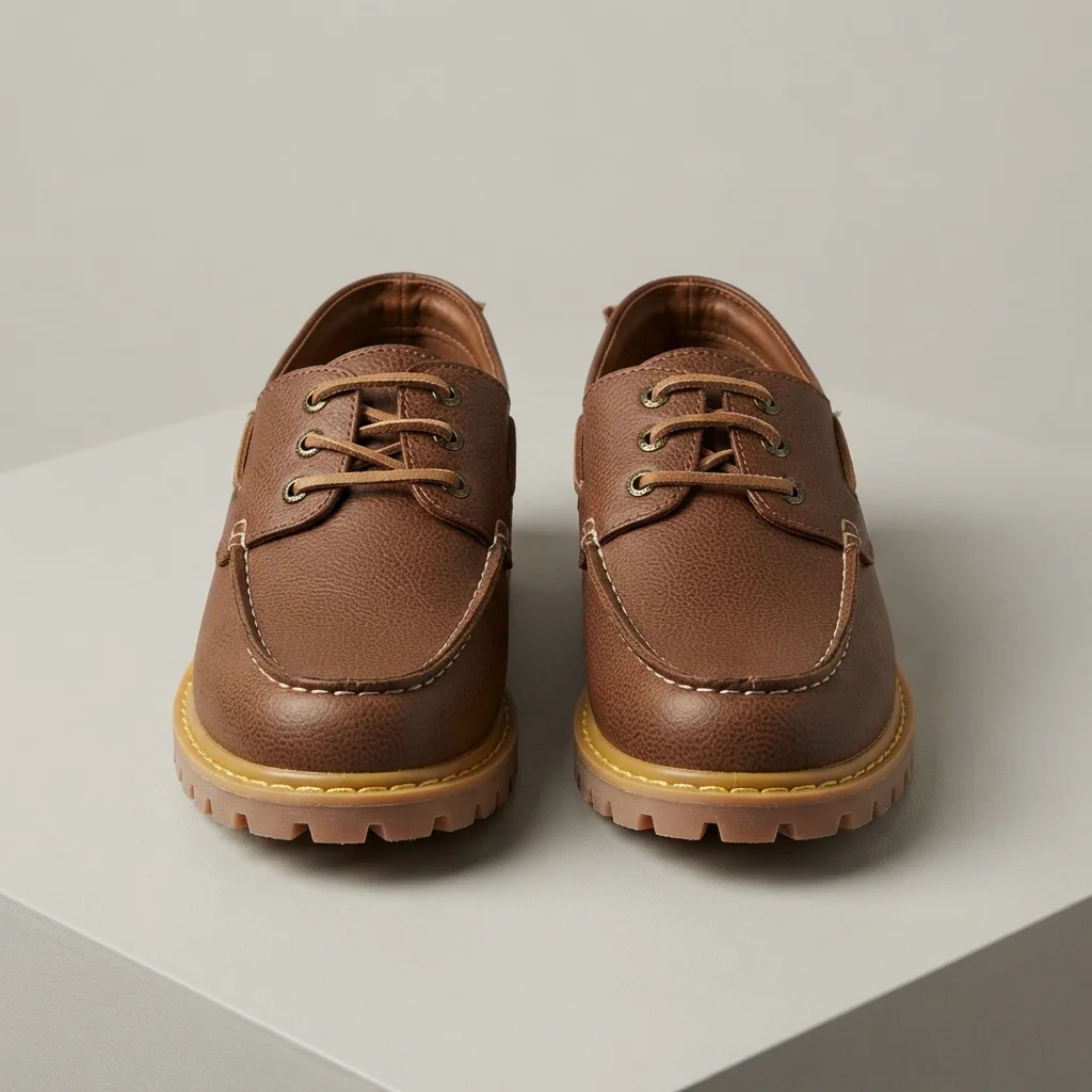 Men's Brown Leather Boat Shoes, Lace-Up, Chunky Lug Sole image 2