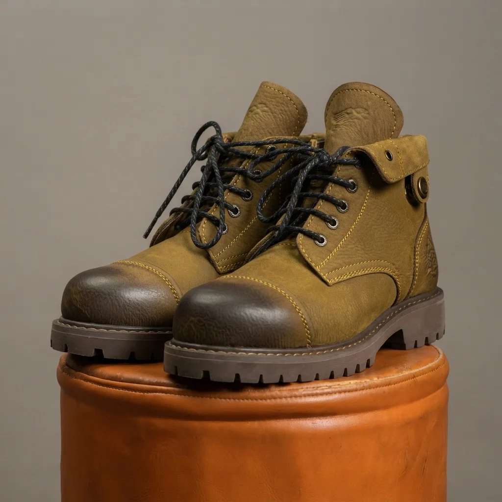 Men's Mustard Tan Nubuck-Look Work Boots, Cap-Toe Lace-Up Ankle Boots with Fold-Over Collar image 3