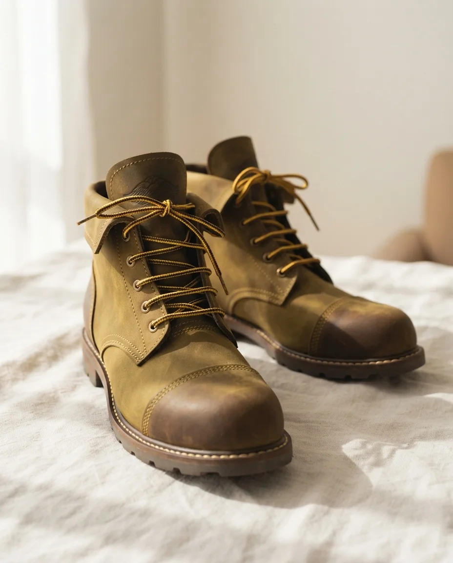 Men's Mustard Tan Nubuck-Look Work Boots, Cap-Toe Lace-Up Ankle Boots with Fold-Over Collar image 4